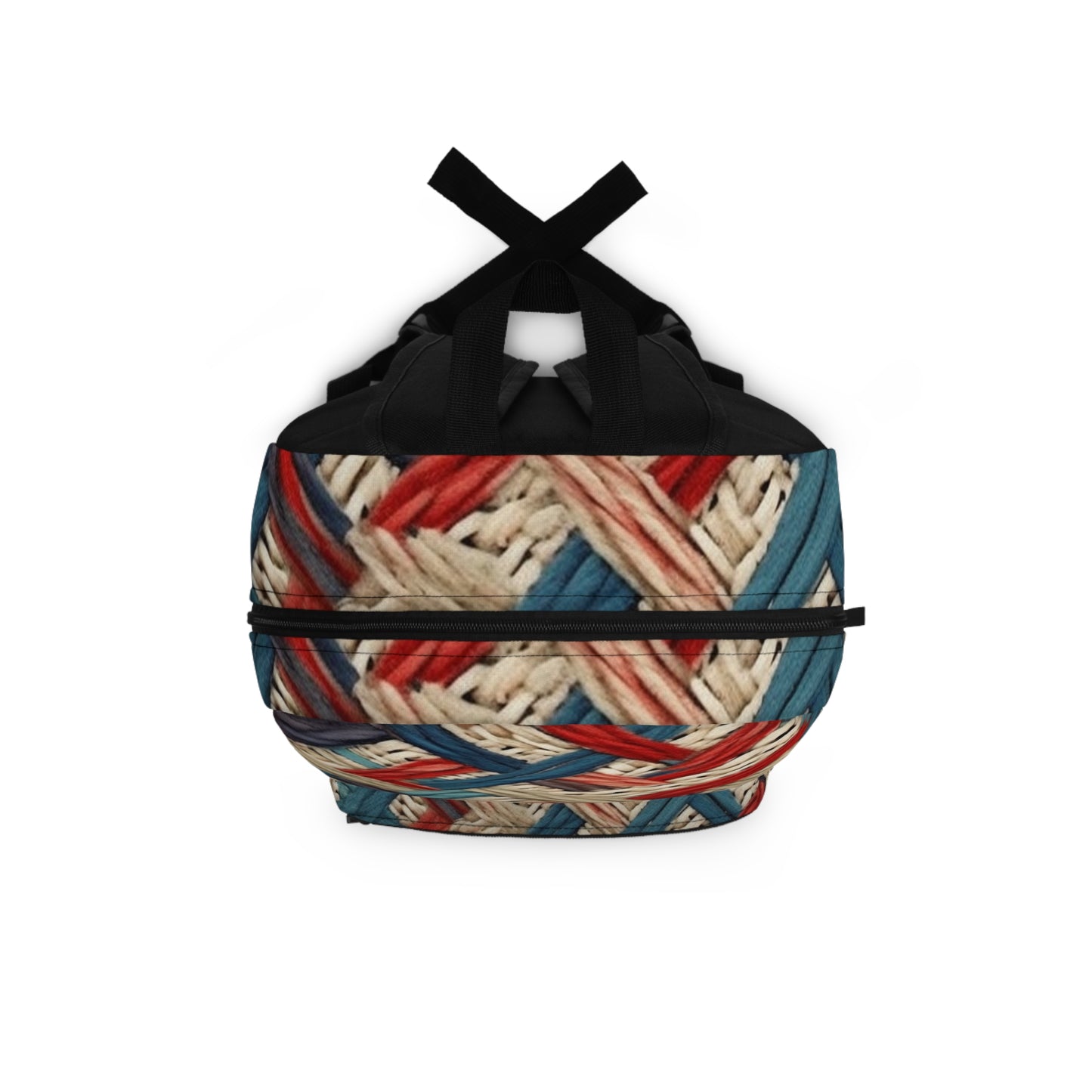 Colorful Yarn Knot: Denim-Inspired Fabric in Red, White, Light Blue - Backpack