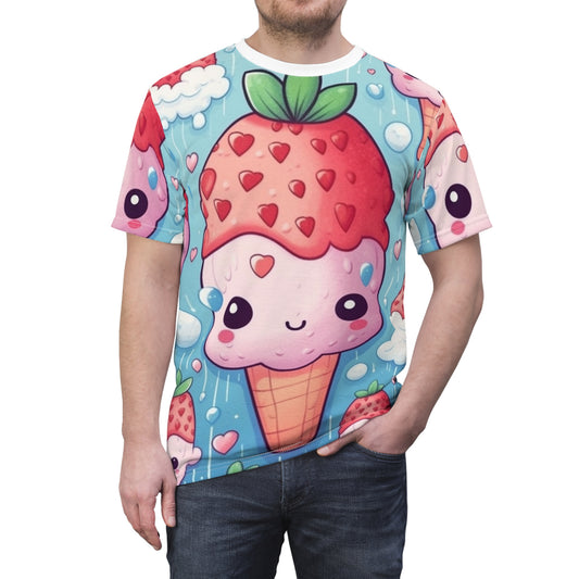 Cono de helado de fresa Kawaii - Delicia de postre de anime japonés tradicional - Regalo Otaku de bayas dulces - Camiseta unisex cortada y cosida (AOP) 