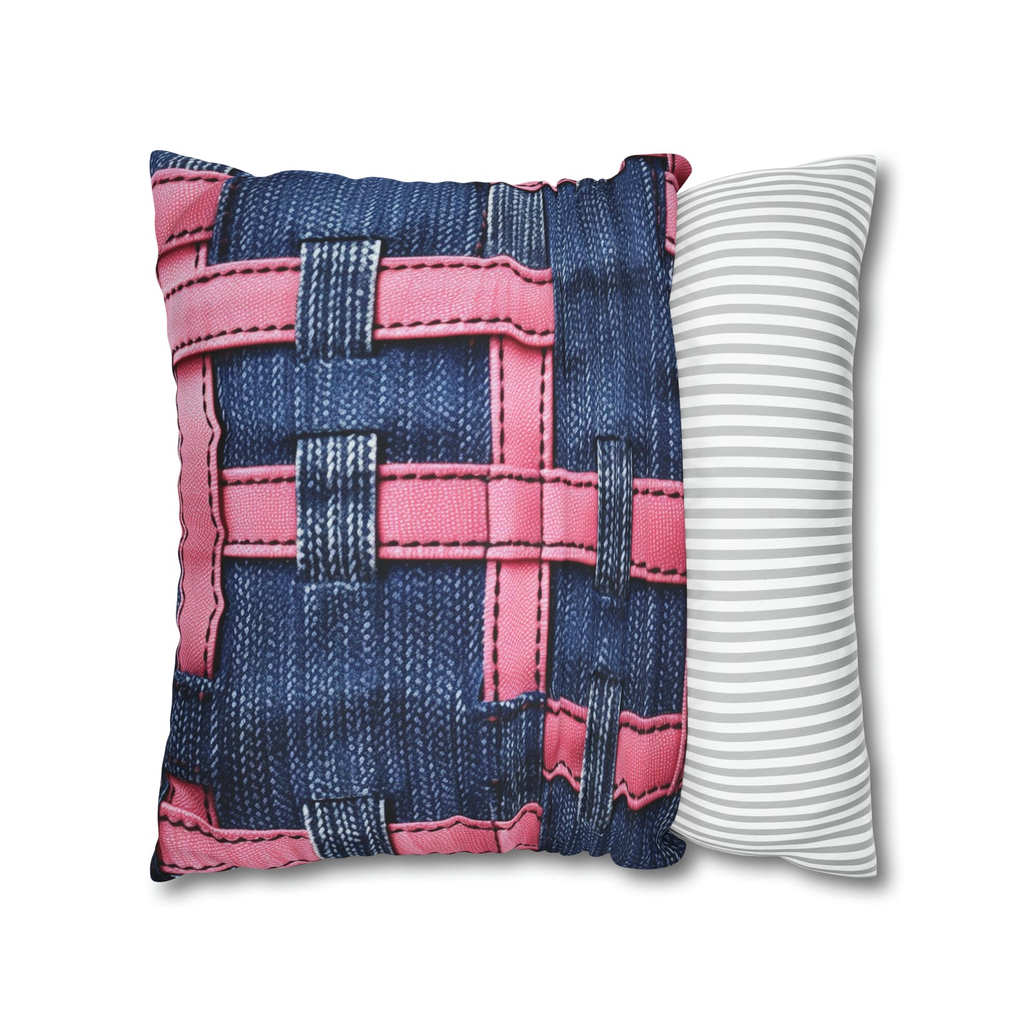 Candy-Striped Crossover: Pink Denim Ribbons Dancing on Blue Stage - Spun Polyester Square Pillow Case