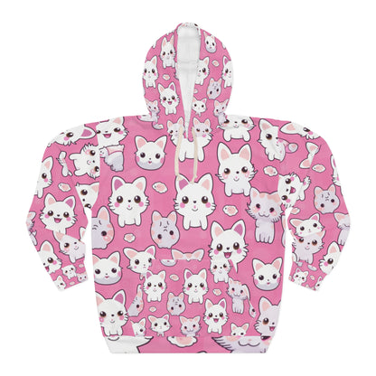 Adorable Cartoon-Style Anime Kitten, Cat, Kitty Pattern - Cute and Colorful - Unisex Pullover Hoodie (AOP)