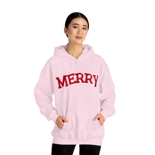 Chenille Merry Emblem, Festive Christmas Holiday Design, Joyful Yuletide Motif, Chic Winter Theme - Unisex Heavy Blend™ Hooded Sweatshirt