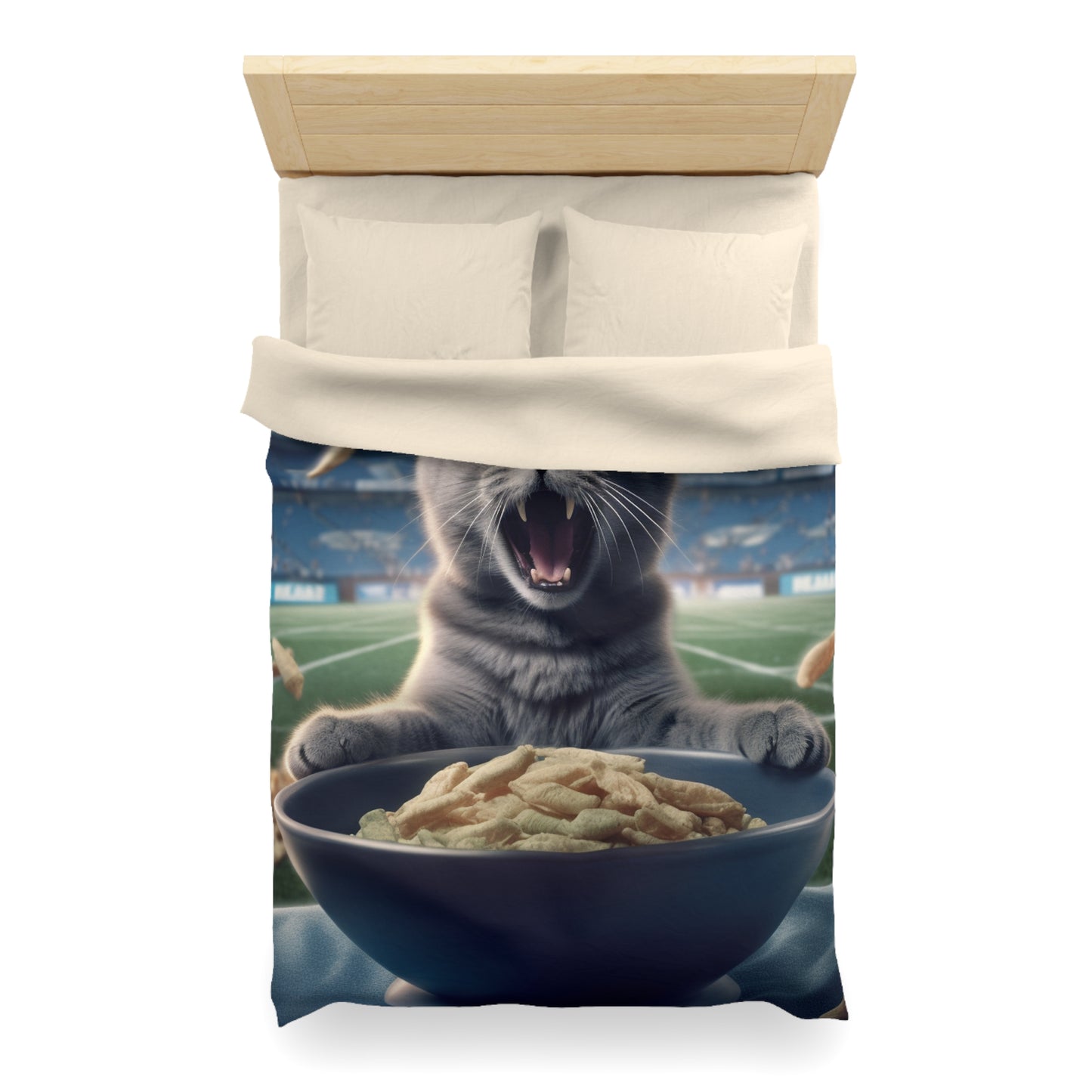 Halftime Football Feline: Screaming Sports Fan Cat Stadium Food Kitten - Microfiber Duvet Cover