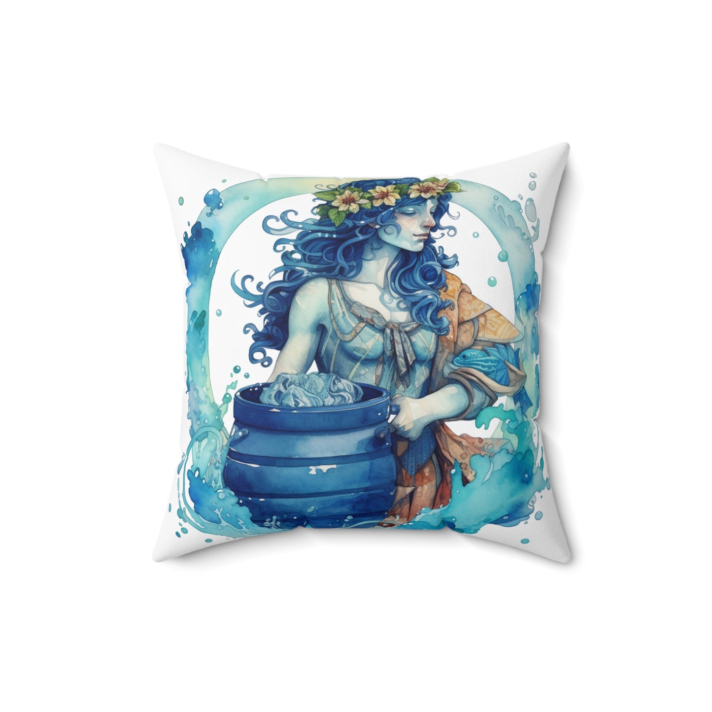 Artistic Aquarius Zodiac - Watercolor Water-Bearer Depiction - Spun Polyester Square Pillow