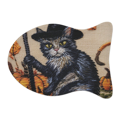 Halloween Cat Magic: Embroidered Style Feline with Pumpkins & Witch Hat - Pet Feeding Mats