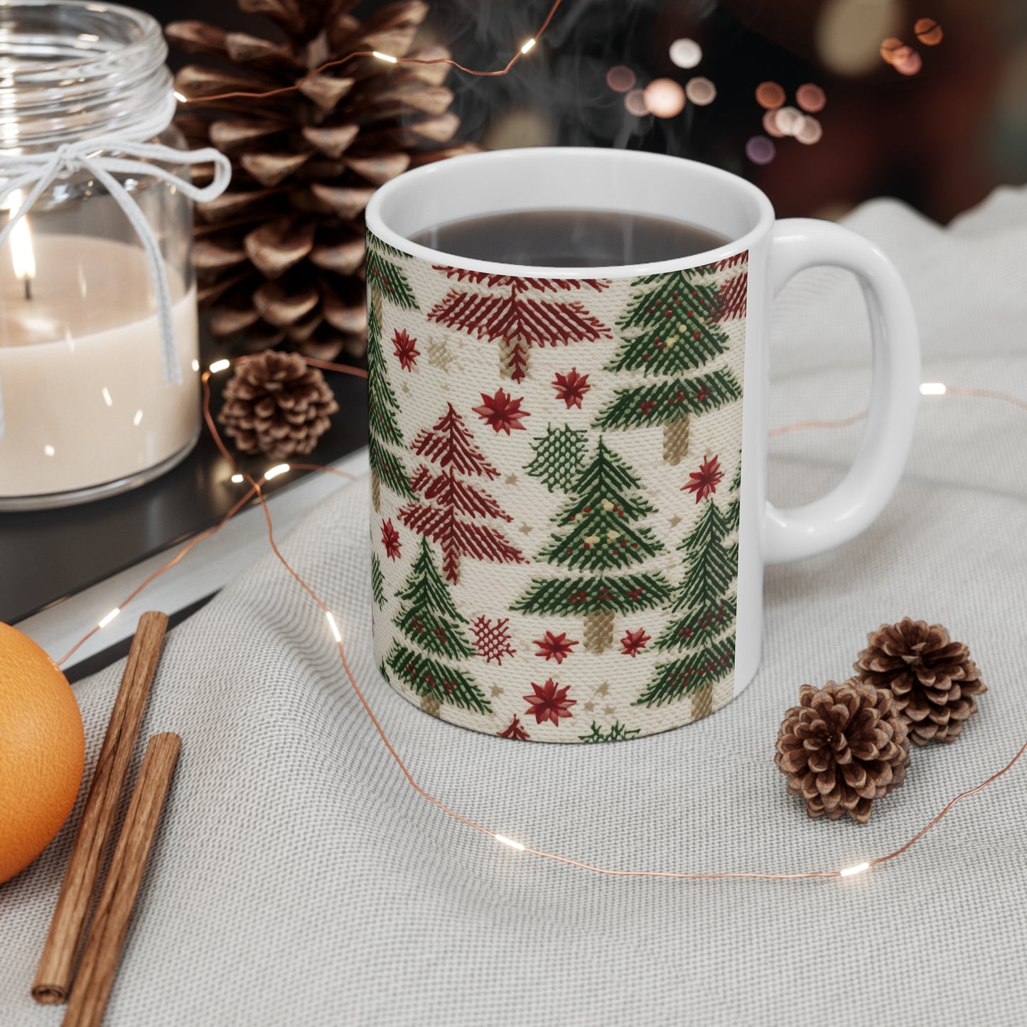 Invierno navideño bordado, costuras festivas, diseño clásico de temporada - Taza de cerámica de 11 oz 