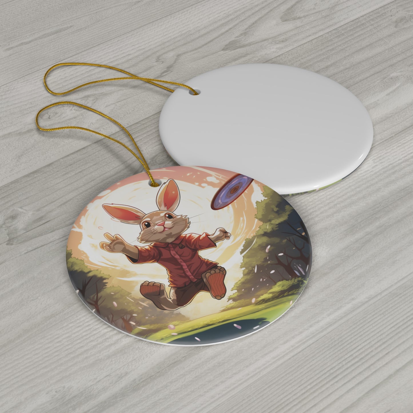 Disc Golf Rabbit: Bunny Aiming Frisbee for Basket Chain - Ceramic Ornament, 2 Shapes