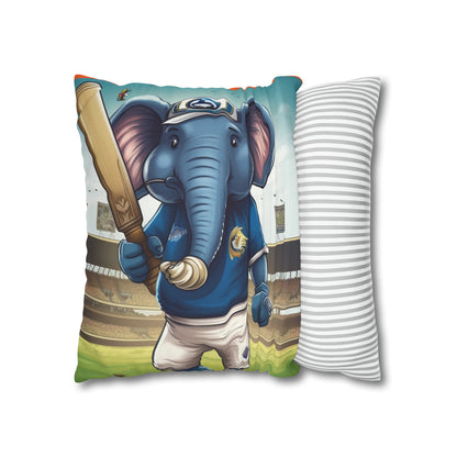 India Elephant Cricket Sport Star: Pitch, Run, Stump Game - Animated Charm - Spun Polyester Square Pillow Case