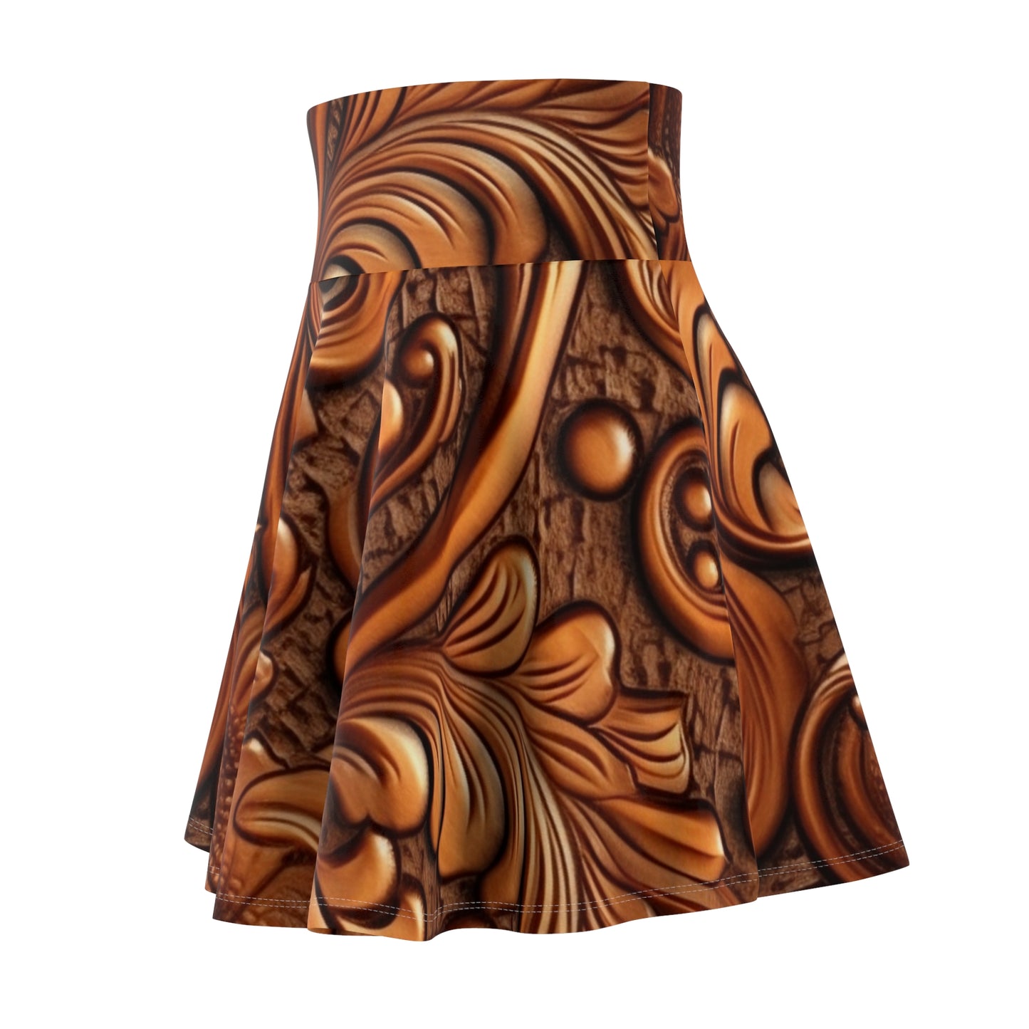 Leather Flower Cognac Classic Brown Timeless American Cowboy Design - Women's Skater Skirt (AOP)