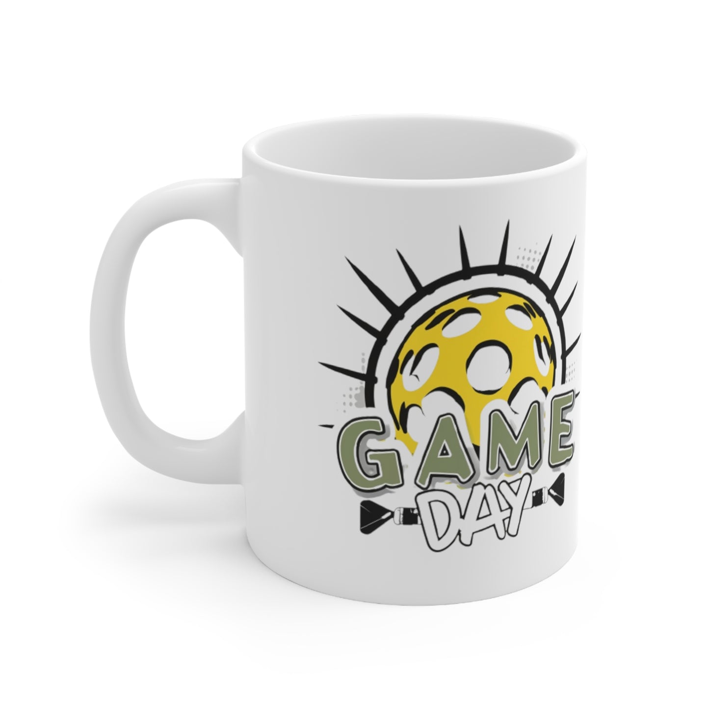 Emblema radiante de Pickleball con rayos solares dinámicos y letras del día del juego - Taza de cerámica de 11 oz