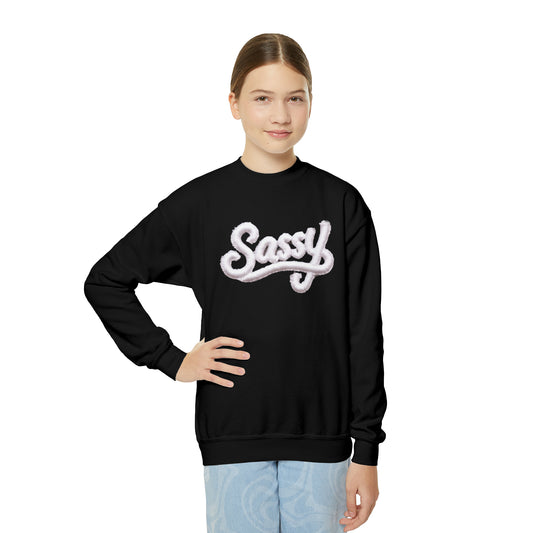 Sassy White Chenille Patch Design on Black - Youth Crewneck Sweatshirt