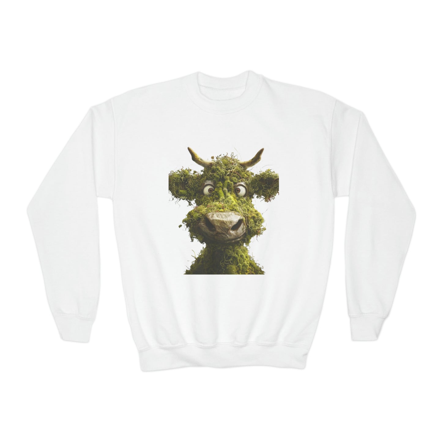 Moss Cow, Funny Graphic Gift, Youth Crewneck Sweatshirt