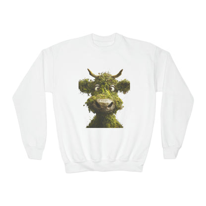 Moss Cow, Funny Graphic Gift, Youth Crewneck Sweatshirt