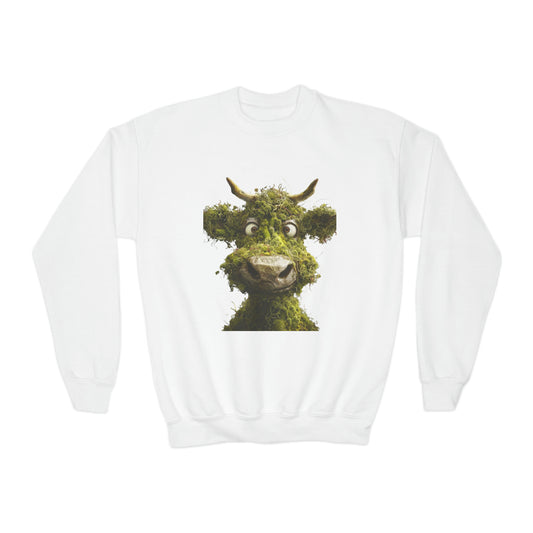 Moss Cow, Funny Graphic Gift, Youth Crewneck Sweatshirt