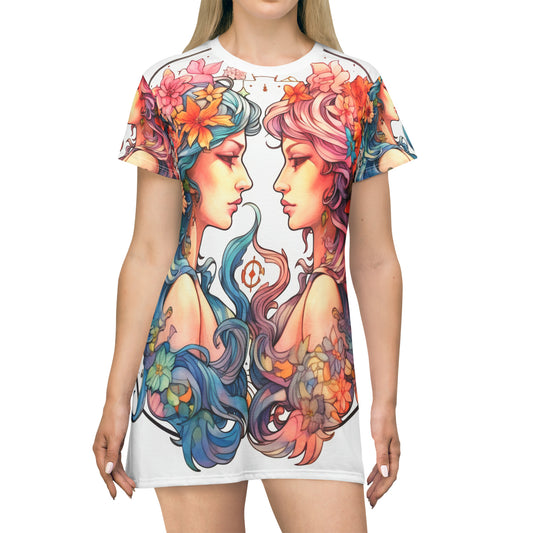 Zodiac Gemini Clipart - Twins Symbol, Whimsical Comic Style - T-Shirt Dress (AOP)