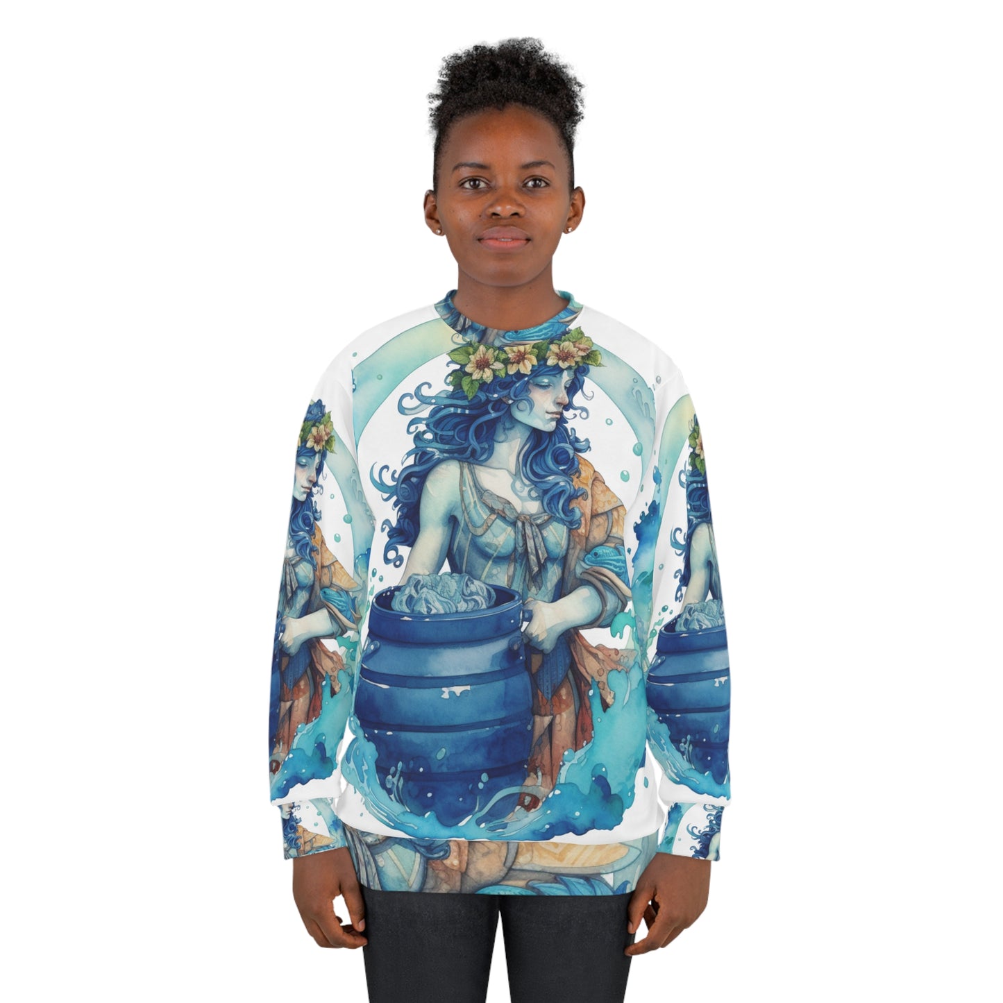 Zodíaco artístico de Acuario - Representación del portador de agua en acuarela - Sudadera unisex (AOP) 