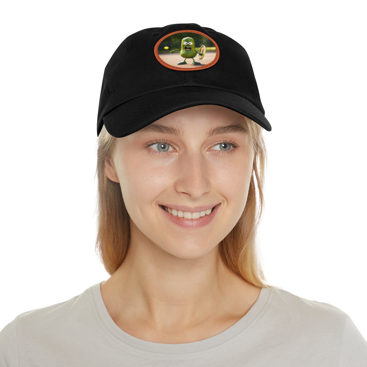 Pickle Playing Pickleball: Serve, Paddle, Game - Court Sport - Dad Hat with Leather Patch (Round)