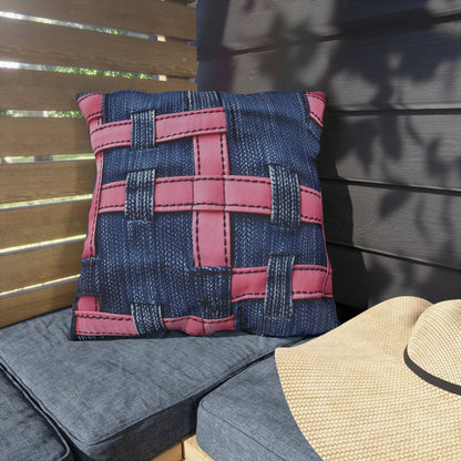 Candy-Striped Crossover: Pink Denim Ribbons Dancing on Blue Stage - Outdoor Pillows