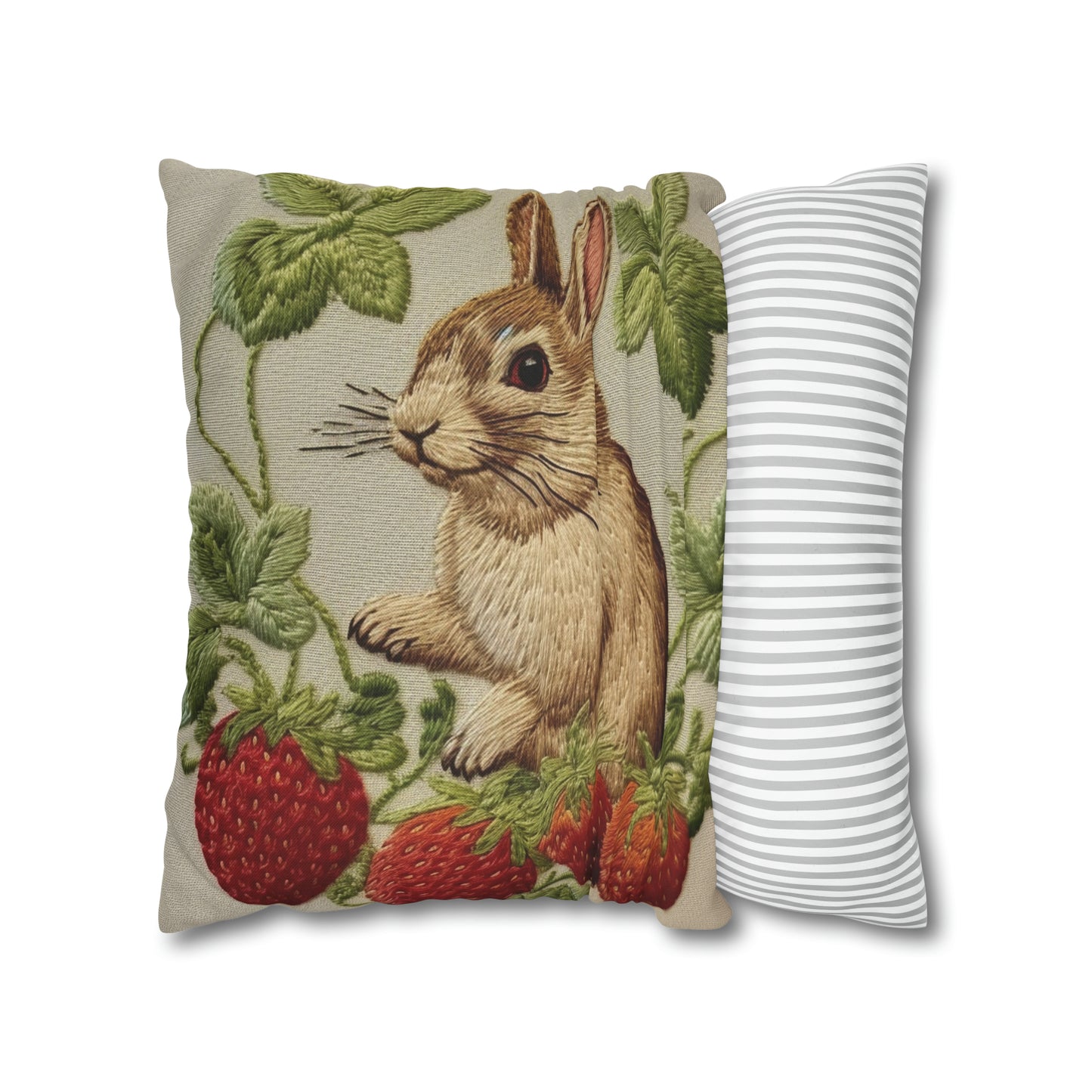 Strawberry Bunny Rabit - Embroidery Style - Strawberries Fruit Munchies - Easter Gift - Spun Polyester Square Pillow Case