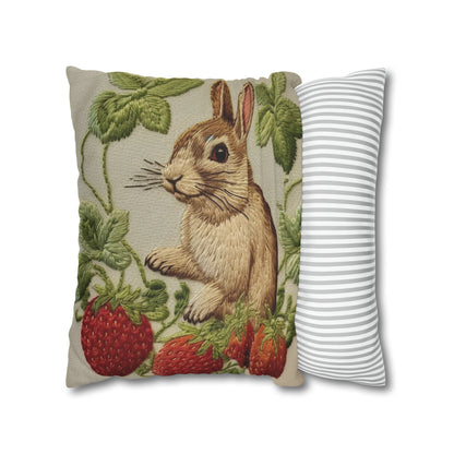 Strawberry Bunny Rabit - Embroidery Style - Strawberries Fruit Munchies - Easter Gift - Spun Polyester Square Pillow Case