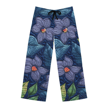 Azul bordado floral: diseño floral artesanal inspirado en la mezclilla - Pantalones de pijama para hombre (AOP) 