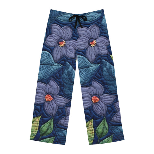 Floral Embroidery Blue: Denim-Inspired, Artisan-Crafted Flower Design - Men's Pajama Pants (AOP)