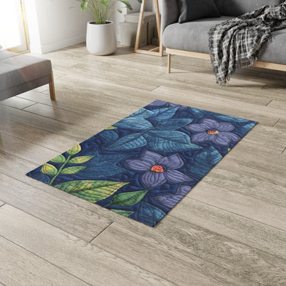 Floral Embroidery Blue: Denim-Inspired, Artisan-Crafted Flower Design - Dobby Rug