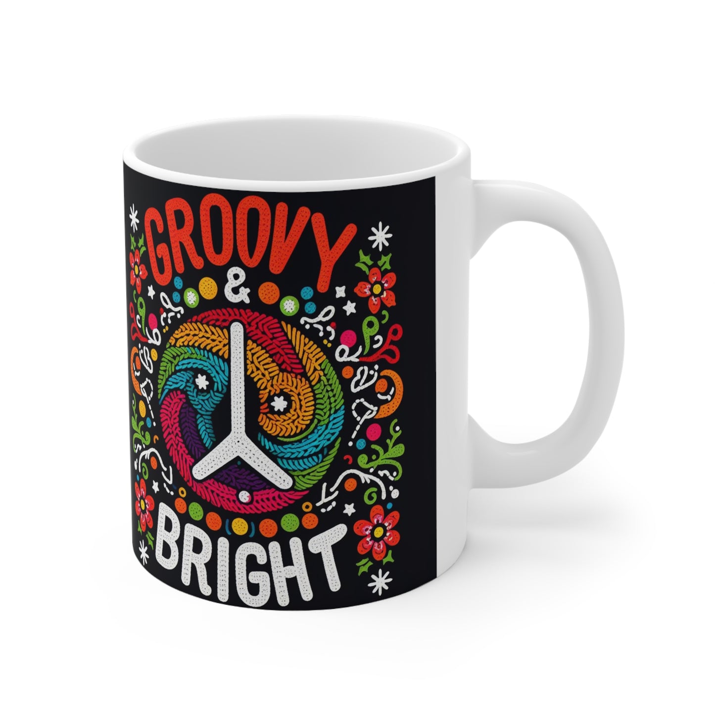 Vibraciones festivas maravillosas y brillantes - Signo de la paz estilo bordado colorido con detalles florales - Taza de cerámica 11oz