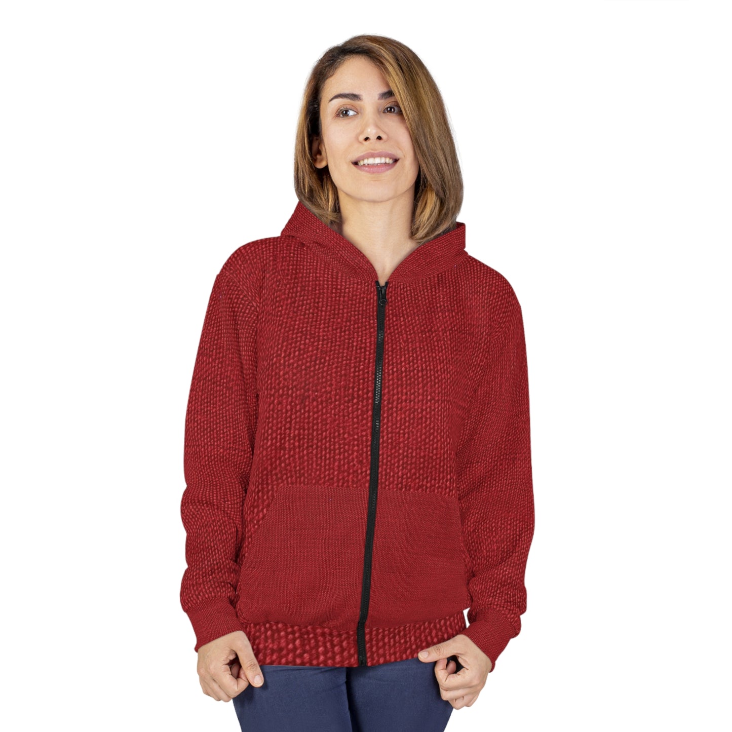 Rojo rubí atrevido: estilo de tela apasionado, inspirado en la mezclilla - Sudadera con capucha unisex con cremallera (AOP)