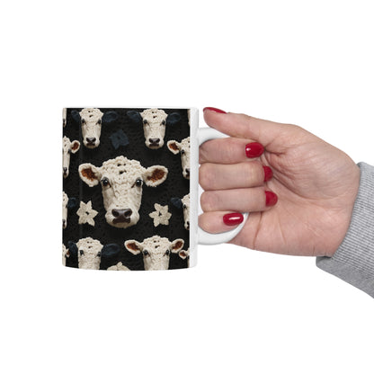 Patrón de vaca de ganchillo Estilo de tela de animales de granja - Taza de cerámica 11oz