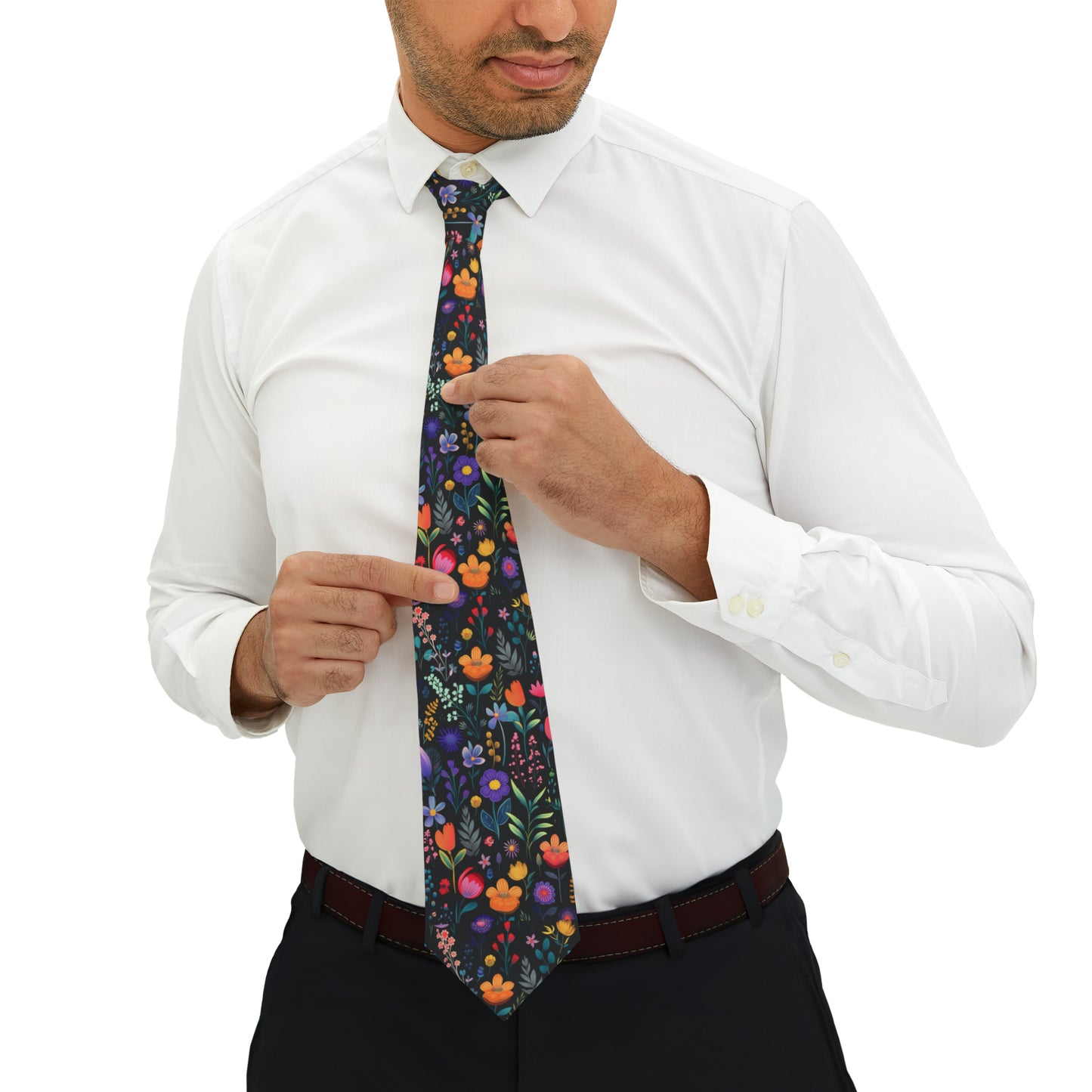 Men's Necktie - Delicate Wispy Wildflowers on Noir Black