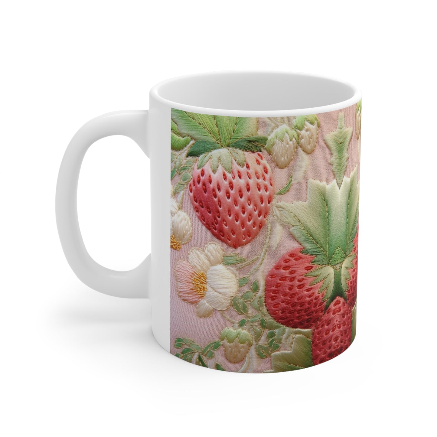 Red Berry Strawberries - Embroid Fruit - Healthy Crop Feast Food Design - Ceramic Mug 11oz