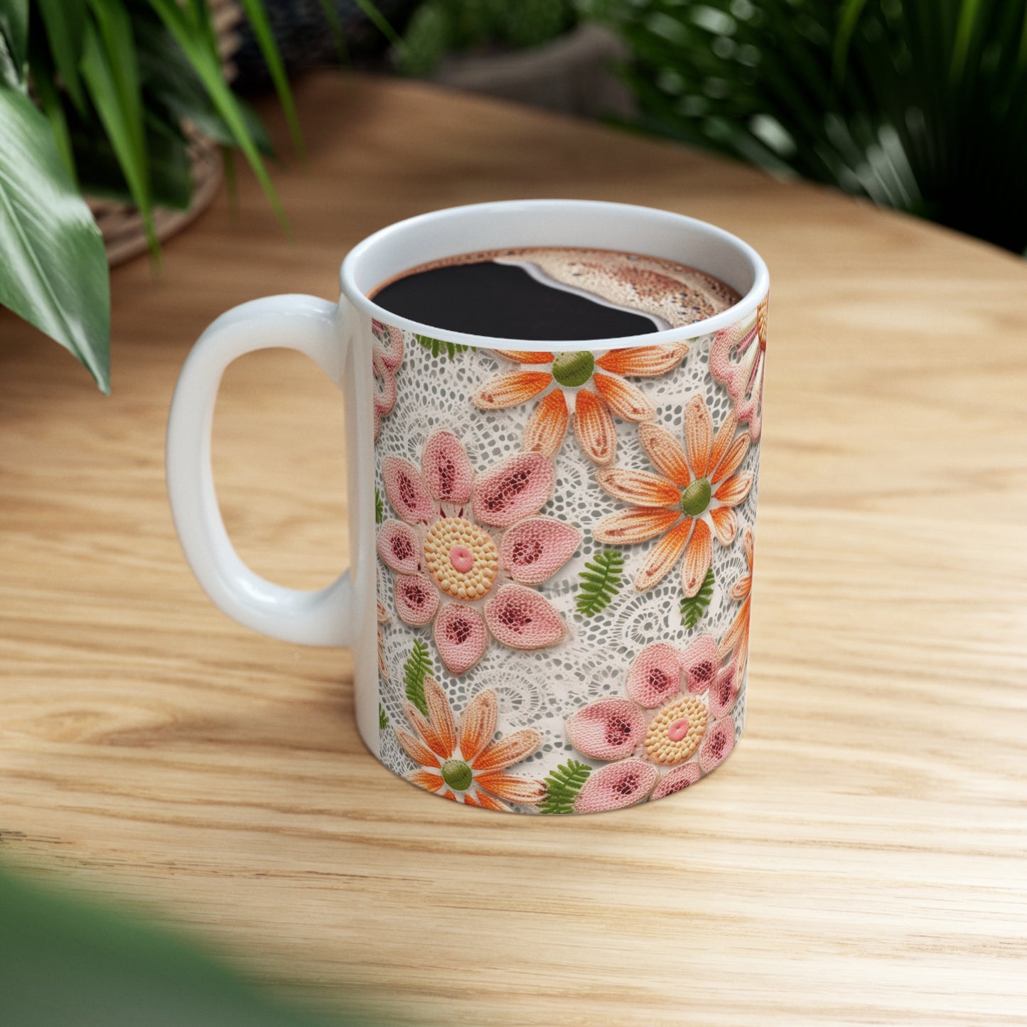 Floral Embroidered Eyelet: Delicate Flower Elegant Pattern - Ceramic Mug 11oz