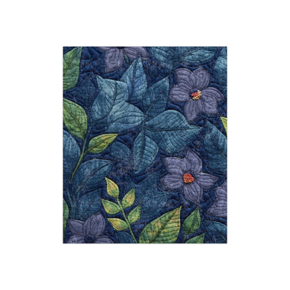 Floral Embroidery Blue: Denim-Inspired, Artisan-Crafted Flower Design - Crushed Velvet Blanket