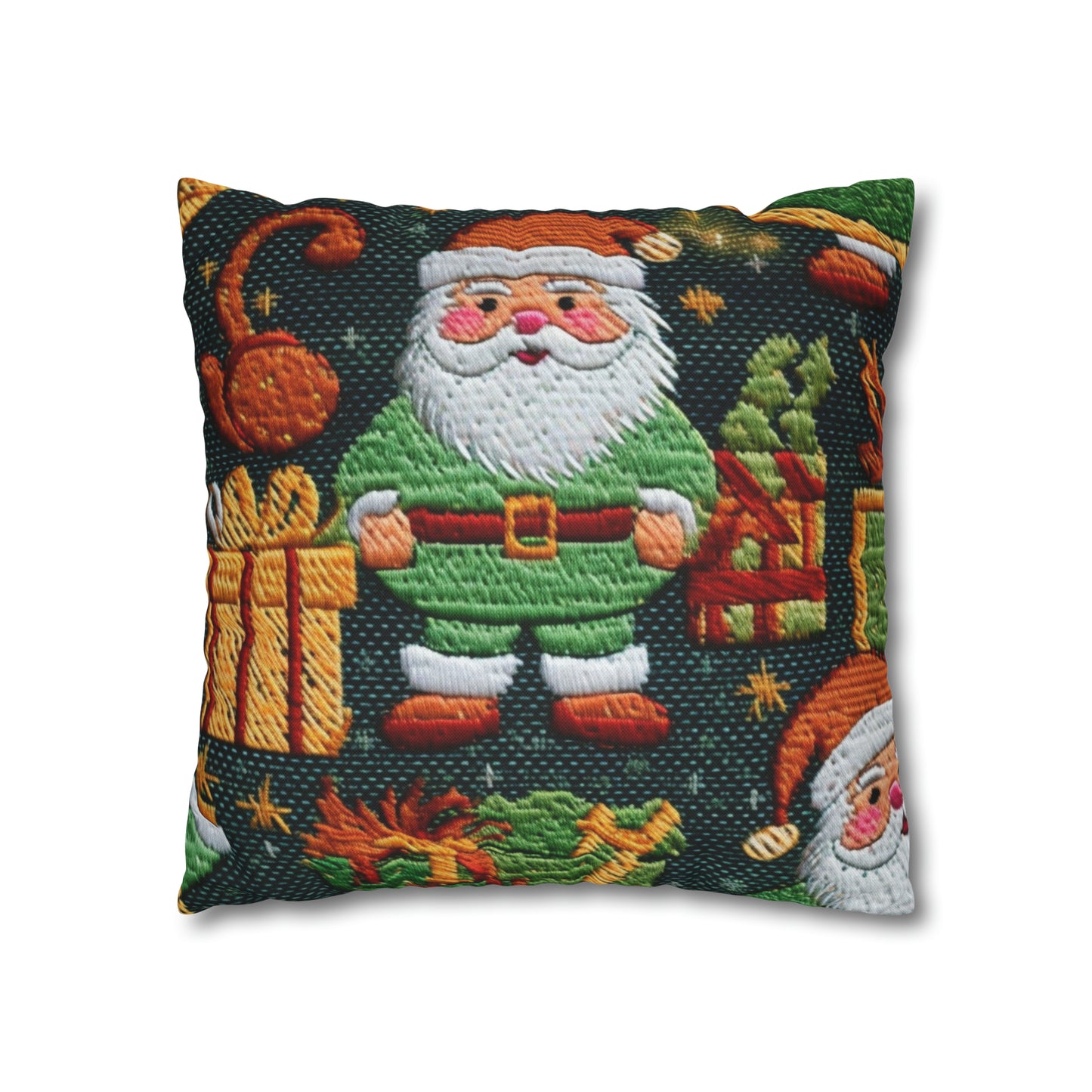 Papá Noel navideño - Regalos bordados - País de las maravillas invernal festivo - Diseño Deck the Halls - Funda de almohada cuadrada de poliéster hilado 