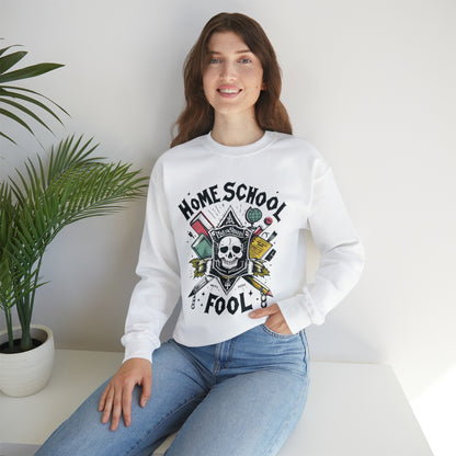 Home School Fool - Academic Skull Crest with Books and Globe, Educational Emblem, Scholarly Gothic - Unisex Heavy Blend™ Crewneck Sweatshirt