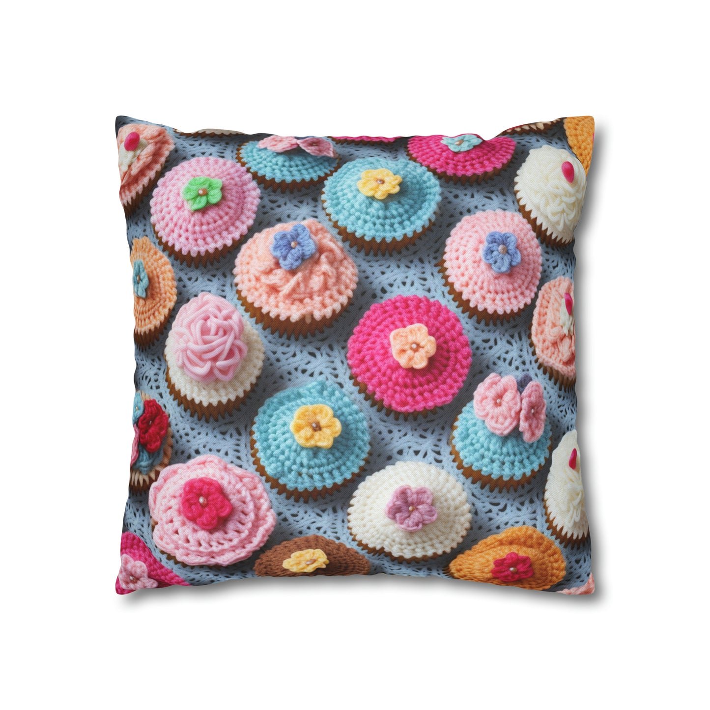 Crochet Cupcake Treat Frosted Cake Dessert Bakery Design - Spun Polyester Square Pillow Case