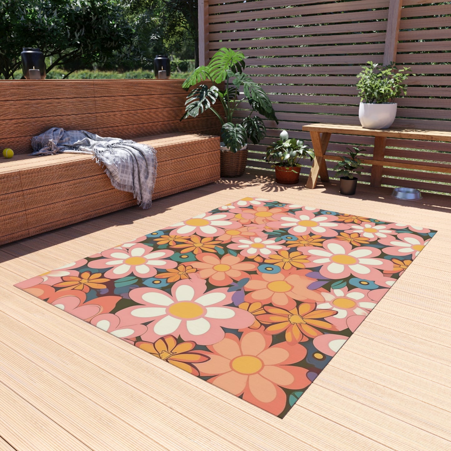 Groovy 1960s 1970s Pink & Orange Daisy Mod Floral - Outdoor Rug