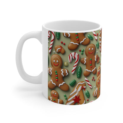 Gingerbread Man Christmas Cookie - Tree - Candy Cane - Ceramic Mug 11oz