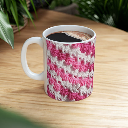 Hot Pink & White Knit, Vibrant Yarn Blend, Modern Chic Texture - Ceramic Mug 11oz