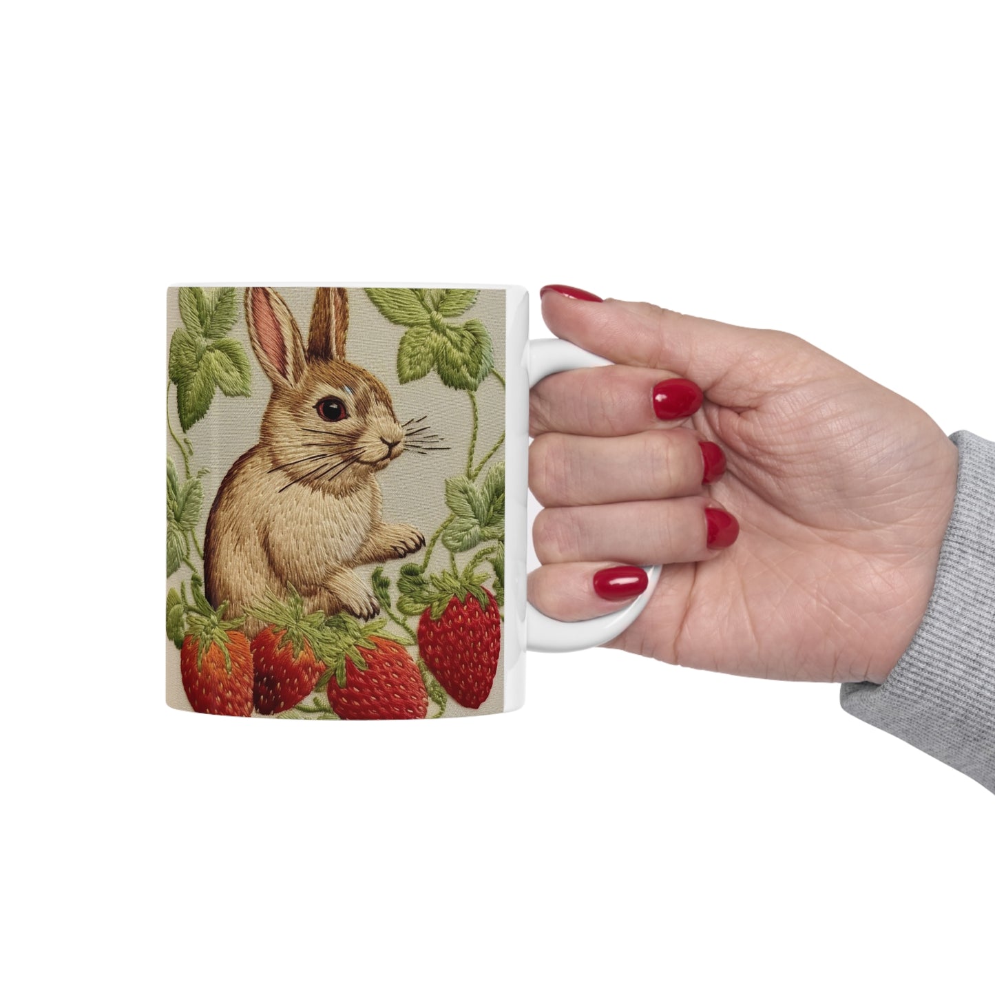 Strawberry Bunny Rabit - Embroidery Style - Strawberries Fruit Munchies - Easter Gift - Ceramic Mug 11oz