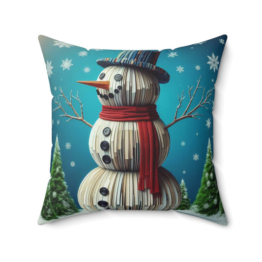 Bibliophiles Winter Delight: Charming Book Lover Novelty Snowman with Bookish Christmas Charm - Spun Polyester Square Pillow