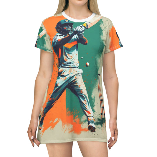 Cricket Batsman, Ball Strike, Indian Flag Color Background - Street Style - T-Shirt Dress (AOP)