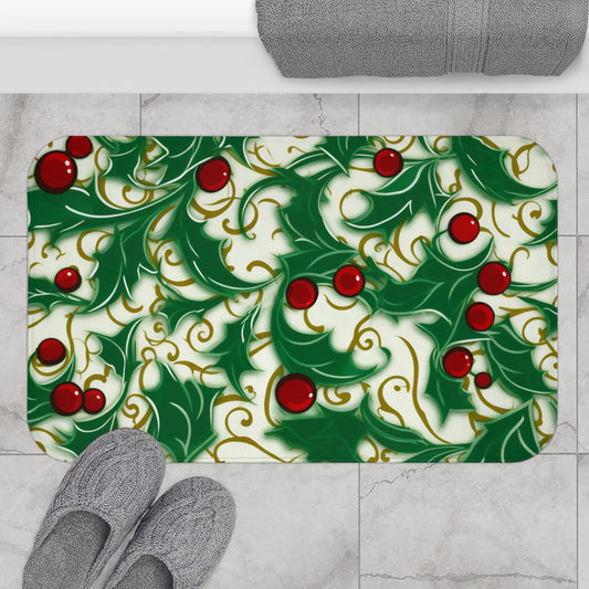 Holiday Elegance: Christmas Holly Swirls Design - Bath Mat