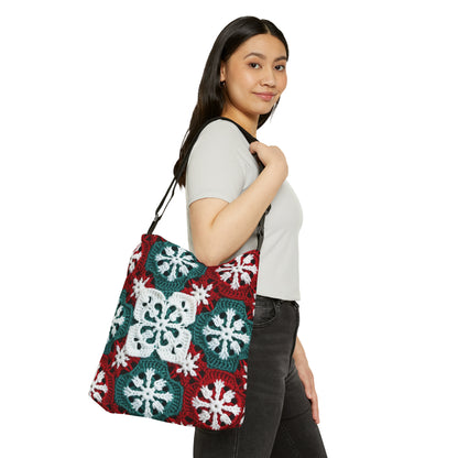 Christmas Snowflake Crochet, Festive Yuletide, Winter Wonderland Craft, Ice Crystal, Holiday Decor, Seasonal Adornments - Adjustable Tote Bag (AOP)