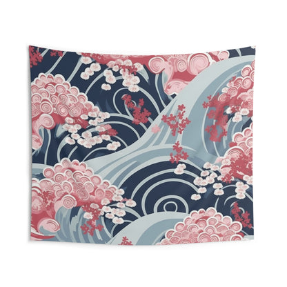 Tapices de pared para interiores con diseño minimalista japonés de ondas y flores de cerezo 