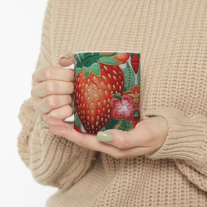 Berry Delight: Sun-Kissed Strawberries Fields Meet Embroidered Style Strawberry Patterns - Ceramic Mug 11oz