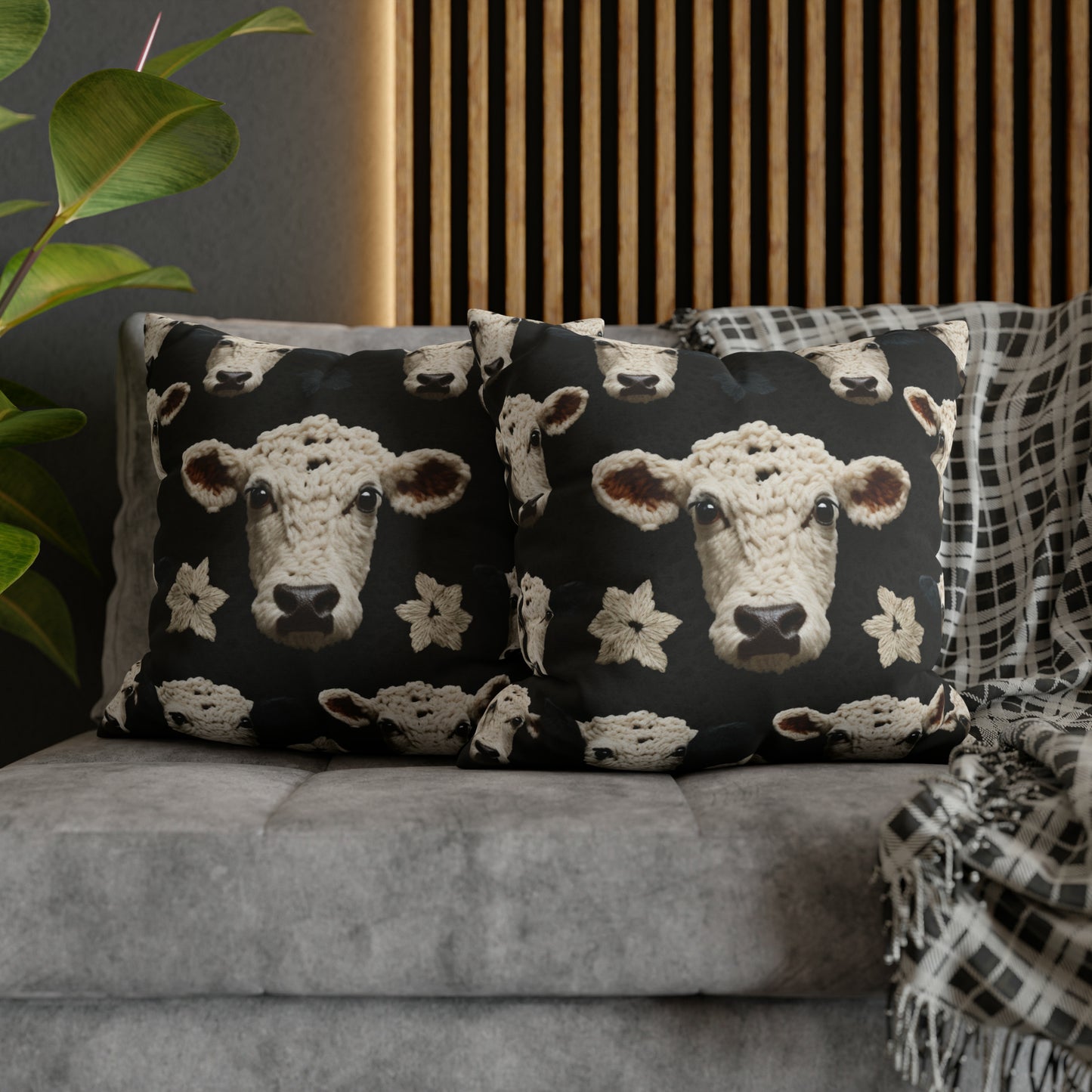 Crochet Cow Pattern Farm Animal Fabric Style - Spun Polyester Square Pillow Case