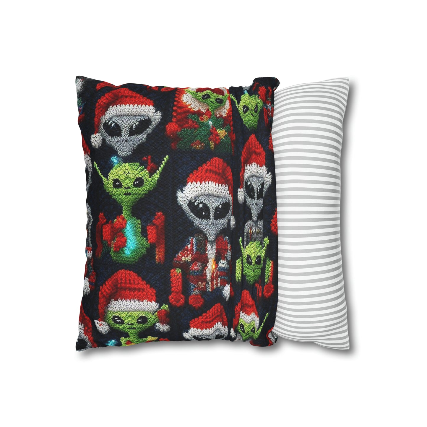 Festive Alien Invasion: Intergalactic Christmas Holiday Cheer with Santa Hats and Seasonal Gifts Crochet Pattern - Spun Polyester Square Pillow Case