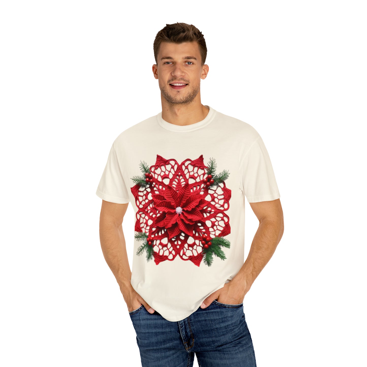 Red Crochet Poinsettia: Festive Christmas Lace with Holly - Unisex Garment-Dyed T-shirt