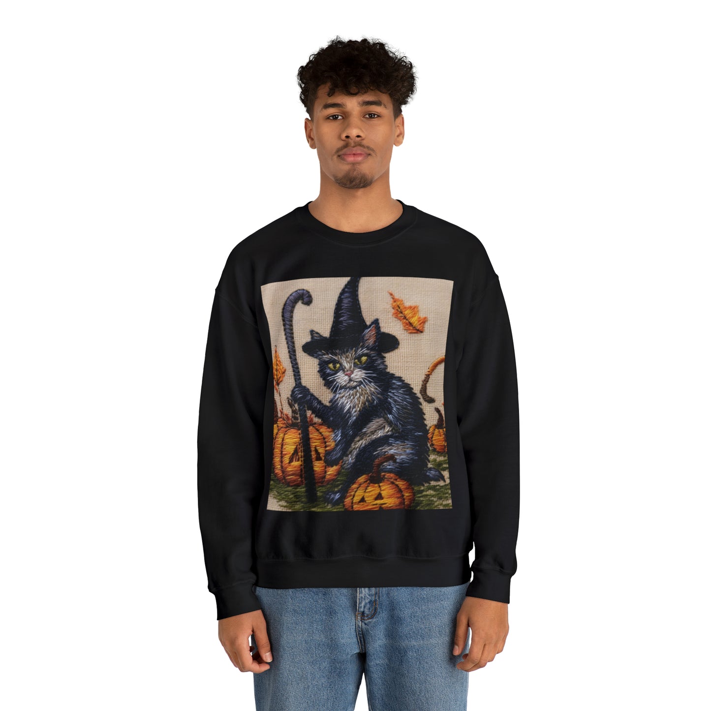 Halloween Cat Magic: Embroidered Style Feline with Pumpkins & Witch Hat - Unisex Heavy Blend™ Crewneck Sweatshirt